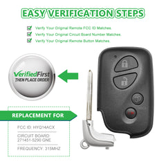 Extra-Partss Smart Car Key Fob Replacement for Lexus RX350 RX450H GX460 CT200H fits 2010 2011 2012 2013 2014 2015 Proximity 4 Button Remote HYQ14ACX 271451-5290