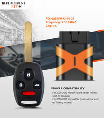 KeyCollection Simple Key Replacement Kit for Honda KR55WK49308 fits Accord 4 Doors Sedan 2008 2009 2010 2011 2012