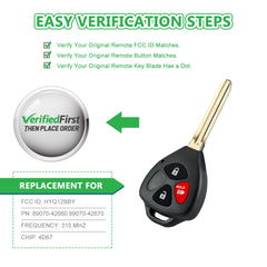 Extra-Partss Keyless Remote Car Key Fob Replacement for Toyota 2006-2010 RAV4/2007-2012 Yaris/2008-2013 Scion XB 3 Buttons HYQ12BBY 89070-42660 89070-42670