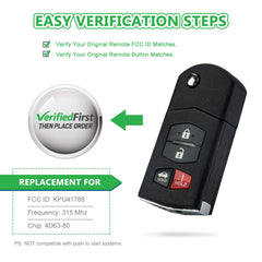 Extra-Partss Remote Car Key Fob Replacement for KPU41788 fits 2005 2006 2007 2008 2009 2010 Mazda 6