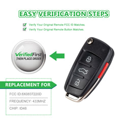 Extra-Partss Remote Car Key Fob Replacement for Audi 8X0837220D fits 2011 2012 2013 2014 A1 Q3
