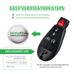 Lots of 10 Keyless2Go Remote Car Key Fob Replacement for Dodge IYZ-C01C or M3N5WY783X fits 2008 2009 2010 2011 2012 2013 Durango 5 Button