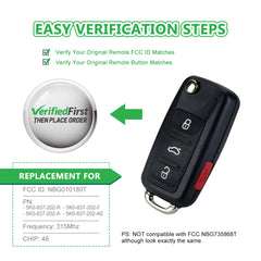 Lots of 10 Remote Car Key Fob Replacement for VW NBG010180T fits 2012 2013 2014 2015 2016 Golf Jetta Passat Beetle