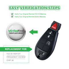 Extra-Partss Car Remote Fob Replacement for Dodge GQ4-53T fits 2013 2014 2015 2016 2017 Ram 1500 2500 3500 4 Button