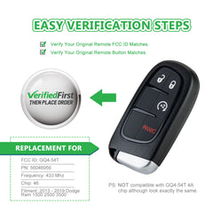 Lots of 5 Extra-Partss Remote Car Key Fob Replacement for Dodge GQ4-54T fits 2013 2014 2015 2016 2017 2018 2019 Ram 1500 2500 3500 4Btn
