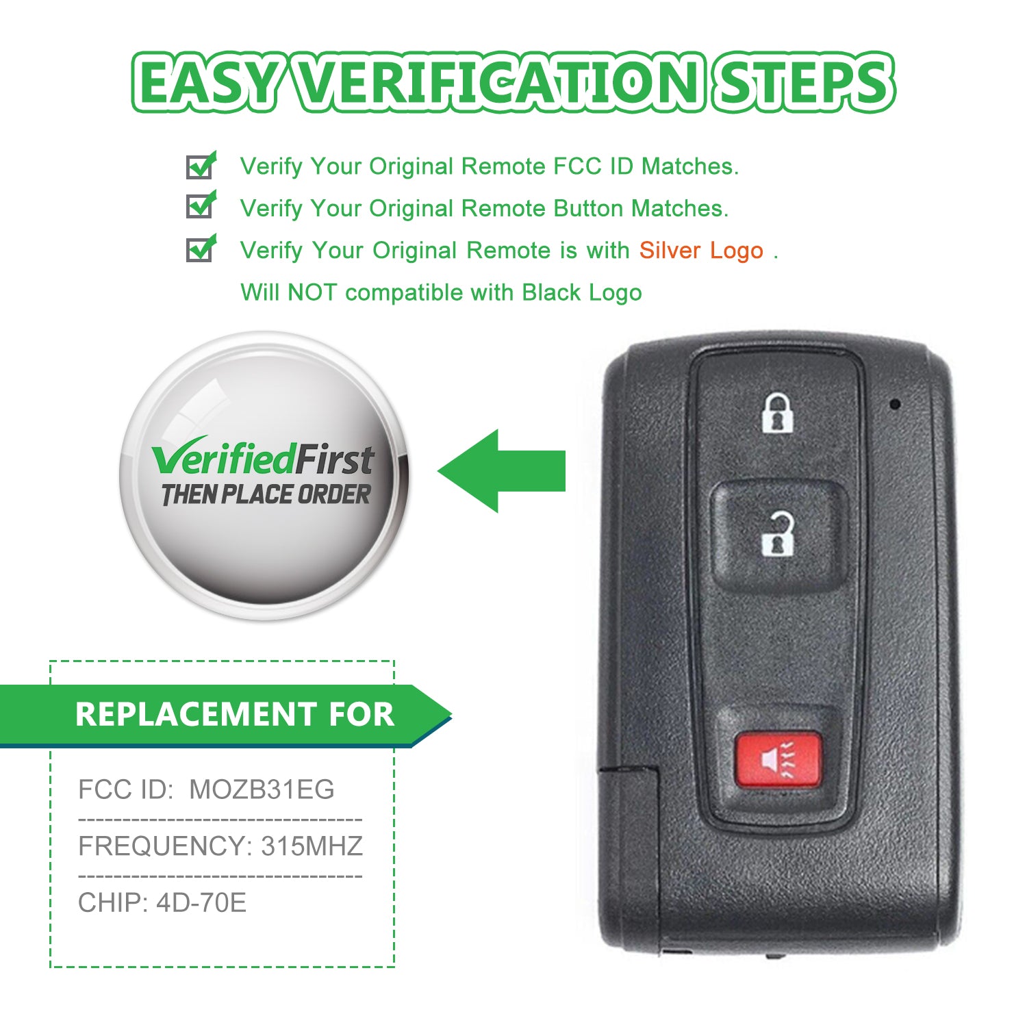 Key Fob fits 2004-2009 Toyota Prius Smart Keyless Entry Remote for SILVER LOGO (MOZB31EG)
