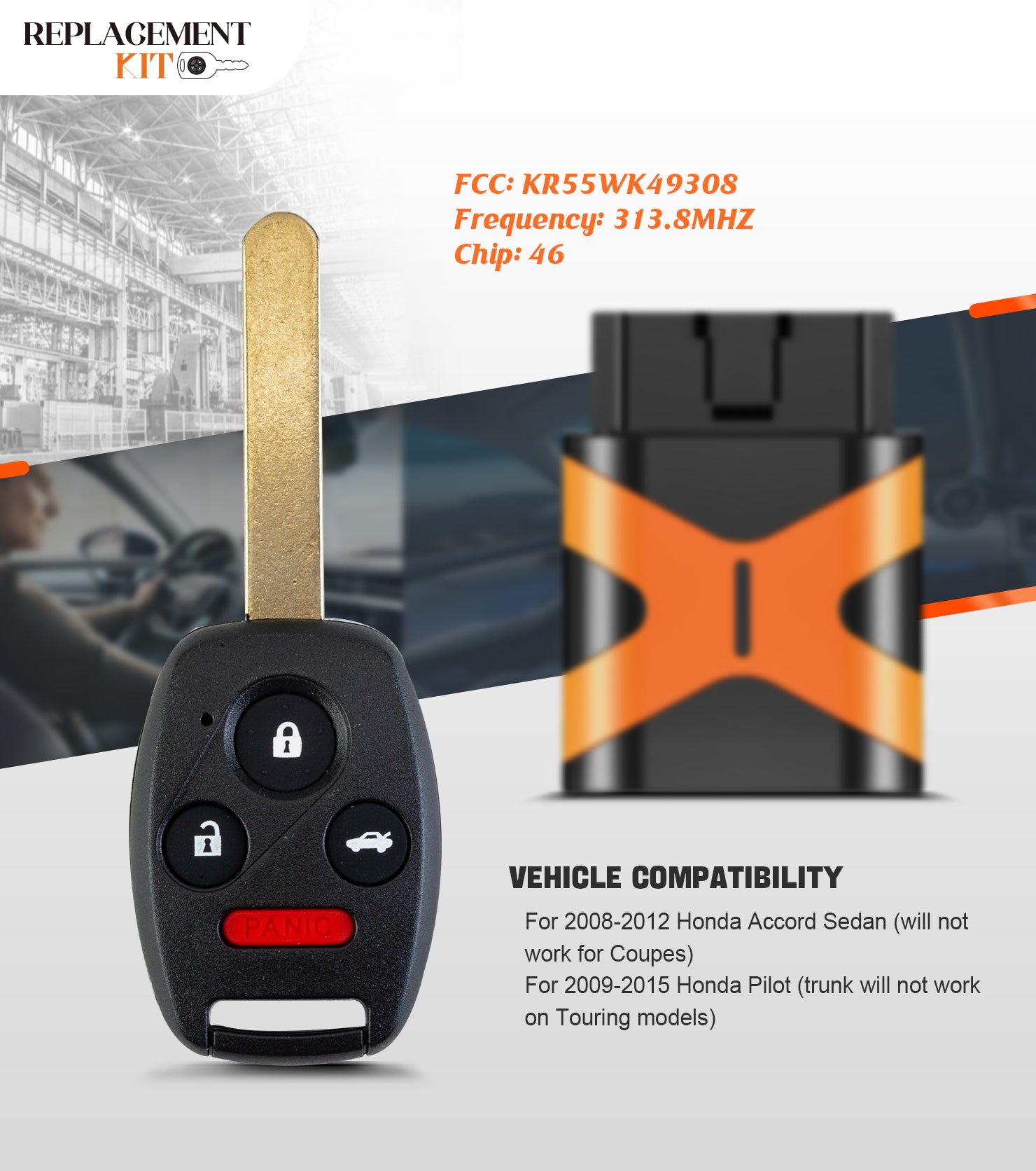 Extra-Partss Simple Key Replacement Kit for Honda KR55WK49308 fits Accord 4 Doors Sedan 2008 2009 2010 2011 2012