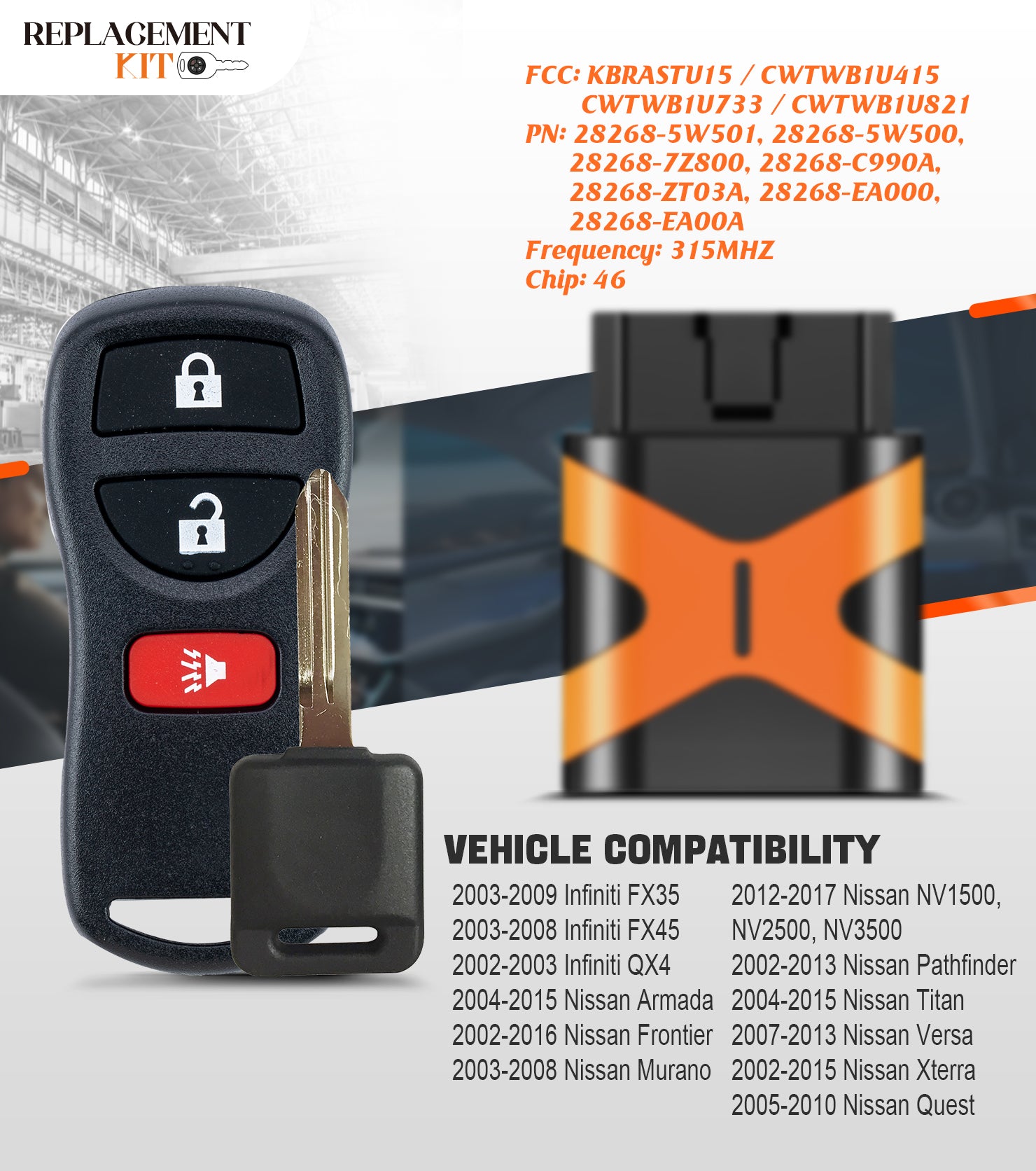 Extra-Partss Simple Key Replacement for Nissan KBRASTU15 + 46 Chip Key fits Titan 2004 2005 2006 2007 2008 2009 2010 2011 2012 2013 2014 2015 (3 Button)