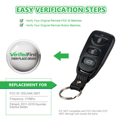 Car Key Fob Keyless Entry Remote fits 2011-2016 Hyundai Elantra Sedan (OSLOKA-360T), Set of 2