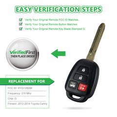 Extra-Partss Remote Car Key Fob Replacement for 2012 2013 2014 Toyota Camry HYQ12BDM G Chip
