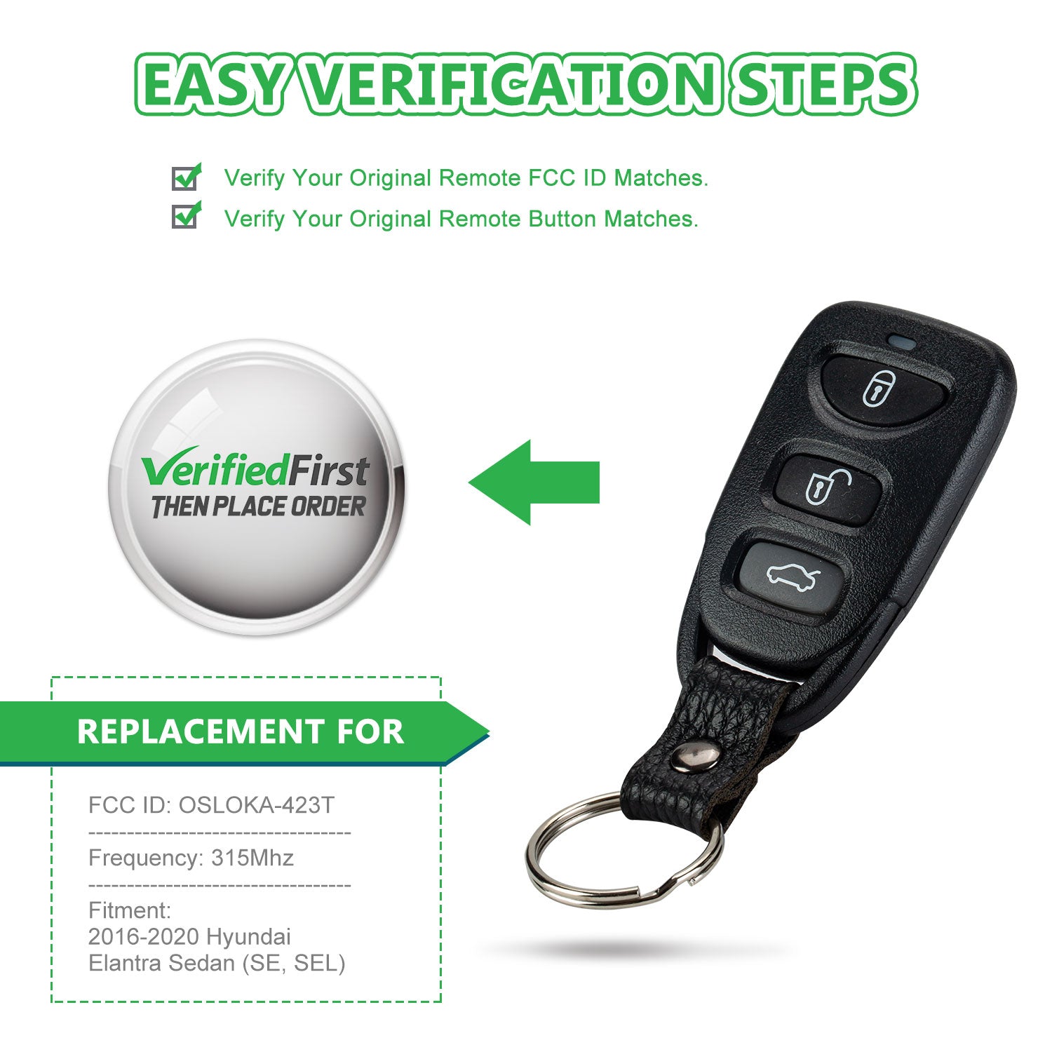 Extra-Partss Remote Car Key Fob Replacement for Hyundai OSLOKA-423T fits 2016 2017 2018 2019 2020 Elantra SE SEL