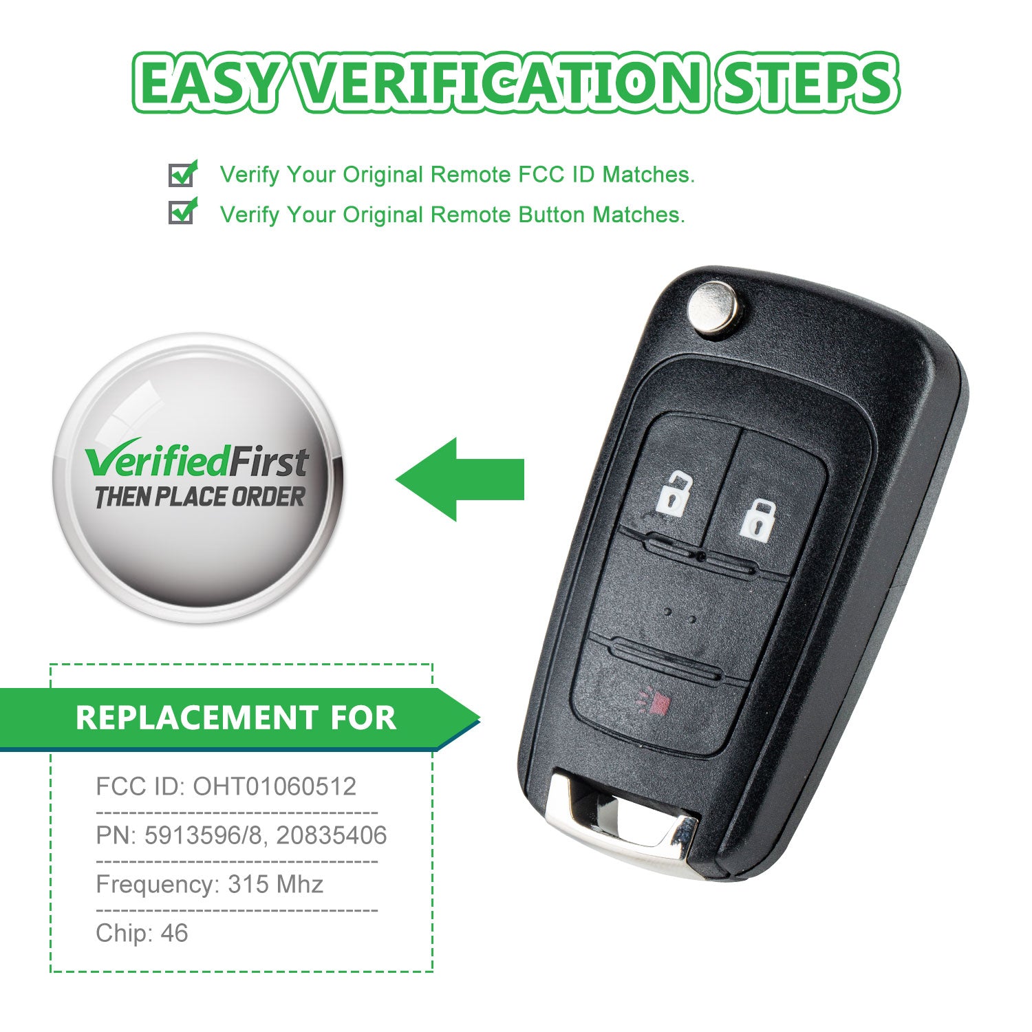 Extra-Partss Remote Car Key Fob Replacement for Chevy OHT01060512 3-btn fits 2010 2011 2012 2013 2014 2015 2016 2017 Equinox Terrain