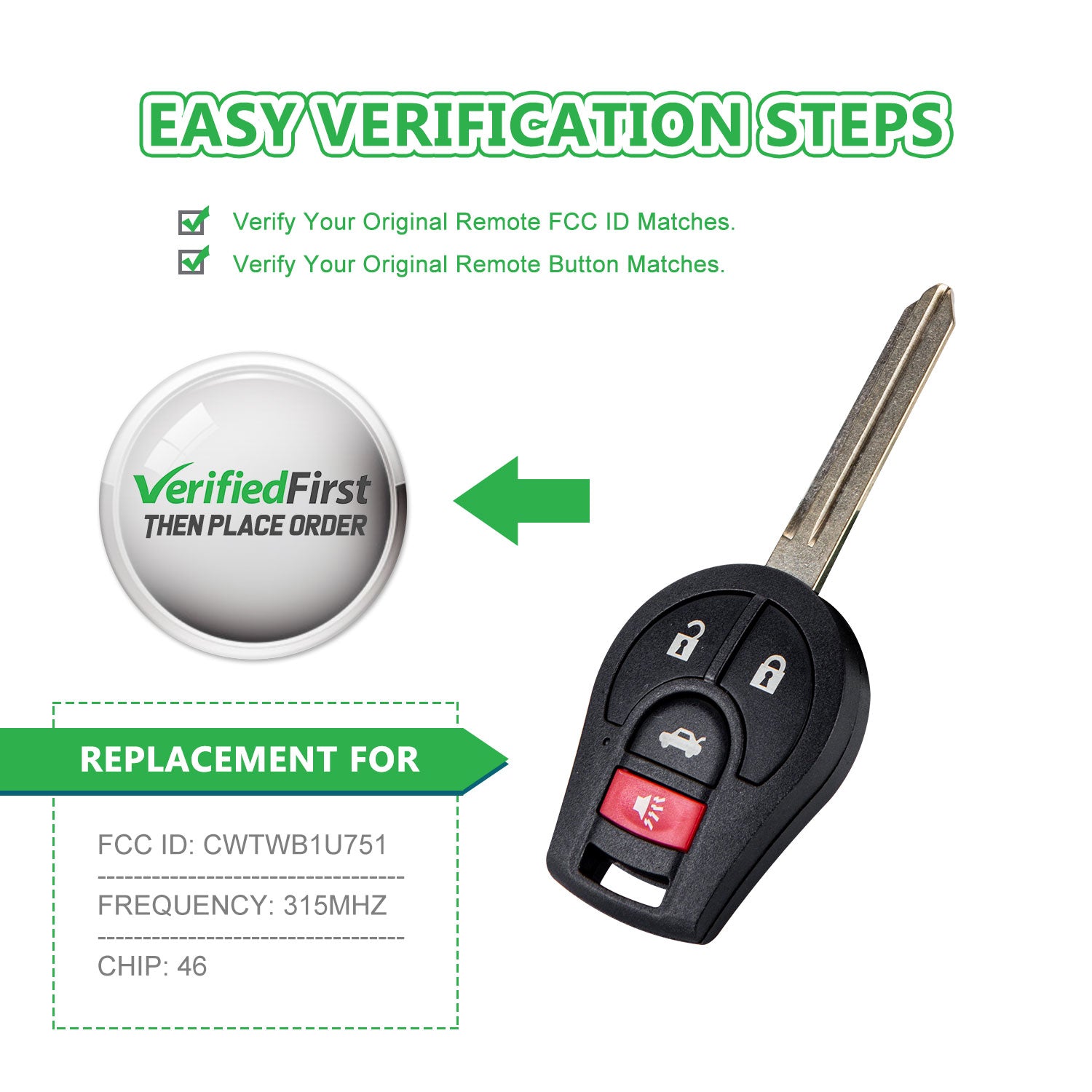 Extra-Partss Remote Car Key Fob Replacement for Nissan CWTWB1U751 fits 2013 2014 2015 2016 2017 2018 2019 Versa Sentra