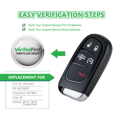 Lots of 5 Extra-Partss Remote Car Key Fob Replacement for Dodge GQ4-54T fits 2013 2014 2015 2016 2017 2018 2019 Ram 1500 2500 3500 5Btn