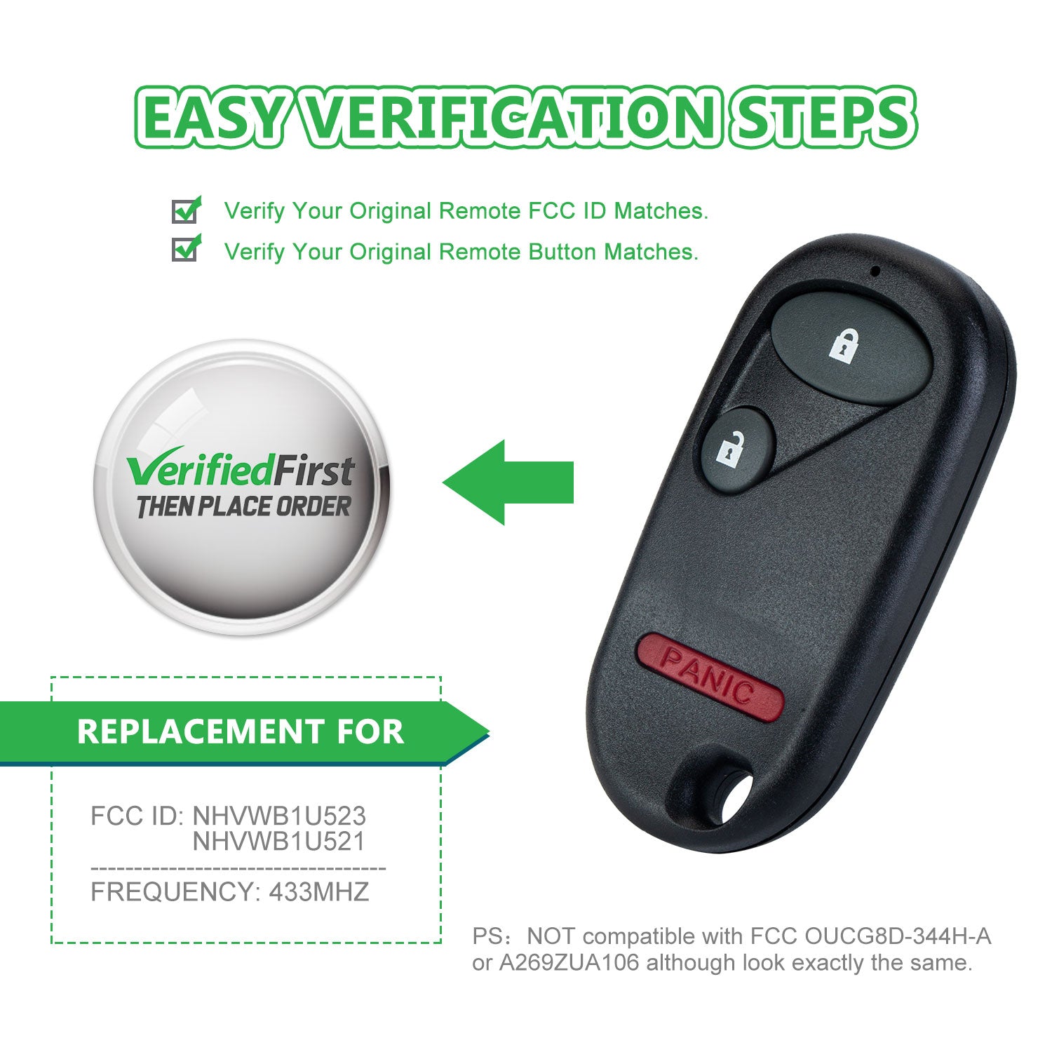 Car Key Fob Keyless Entry Remote fits Honda Civic EX LX DX 2001 2002 2003 2004 2005 / Honda Pilot 2003 2004 2005 2006 2007 (NHVWB1U521, NHVWB1U523) with Instructions