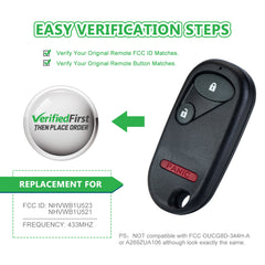 Car Key Fob Keyless Entry Remote fits Honda Civic EX LX DX 2001 2002 2003 2004 2005 / Honda Pilot 2003 2004 2005 2006 2007 (NHVWB1U521, NHVWB1U523) with Instructions