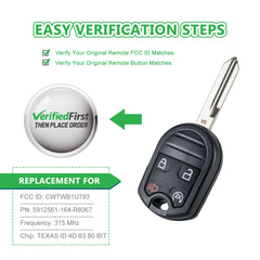 Car Key Fob Keyless Entry Remote Start fits Ford, Lincoln, Mercury, Mazda (CWTWB1U793 4-btn) - Guaranteed to Program