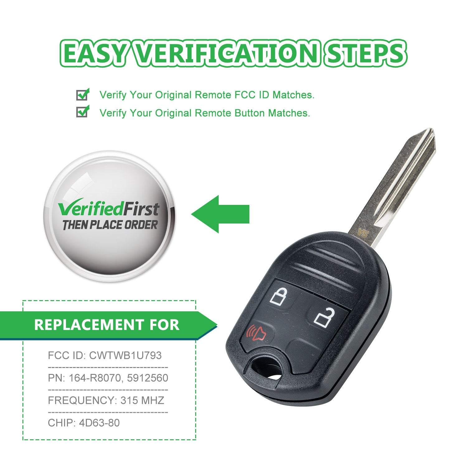 Car Key Fob Keyless Entry Remote fits Ford, Lincoln, Mercury, Mazda (CWTWB1U793 3-btn) - Guaranteed to Program