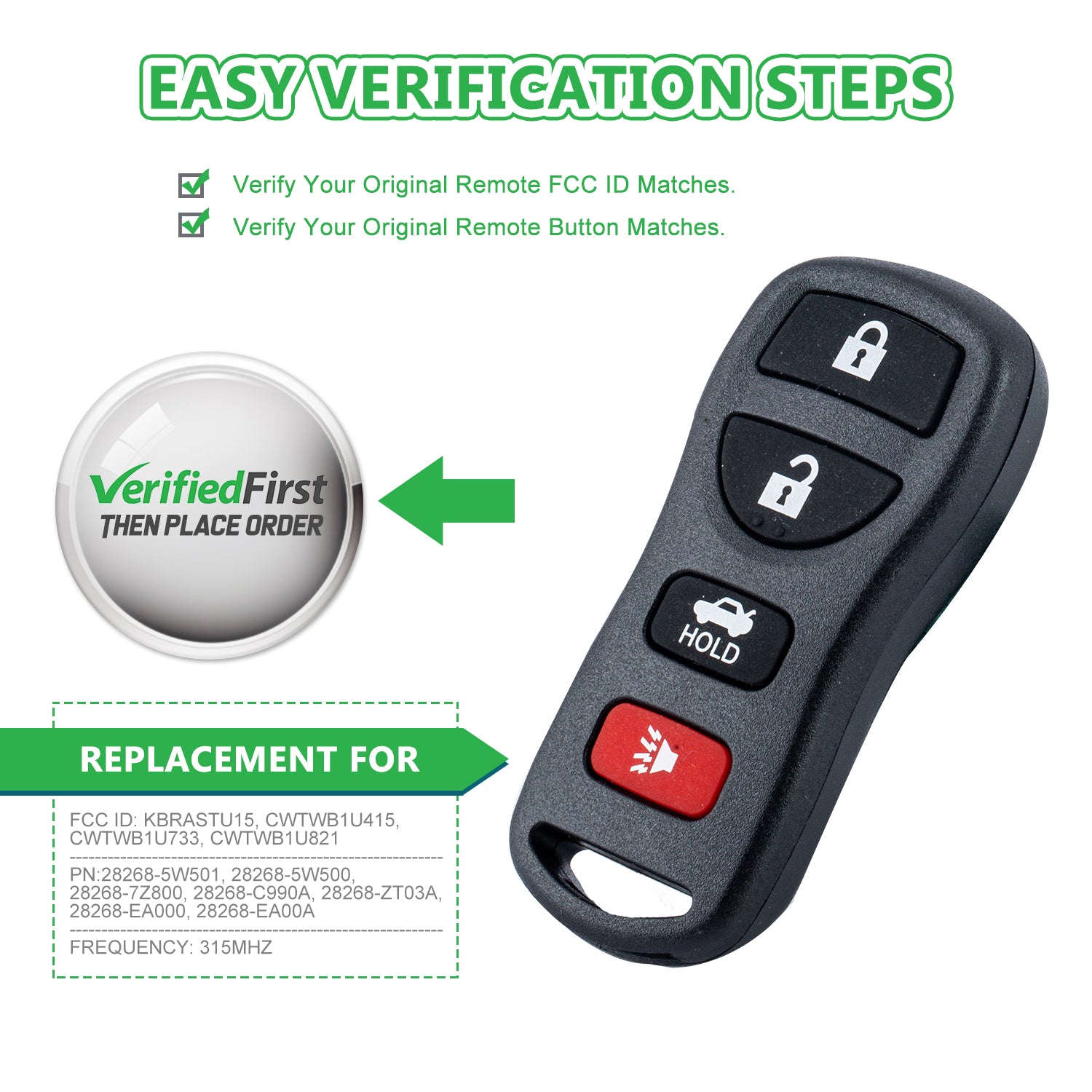Extra-Partss Keyless Entry Remote Car Key Fob Replacement for Nissan Infiniti KBRASTU15 CWTWB1U821 4 Button 315Mhz