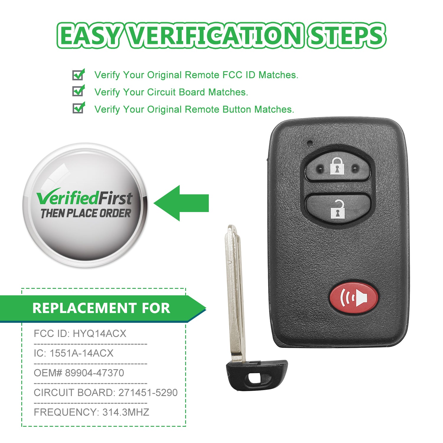 Extra-Partss Smart Car Key Fob Replacement for Toyota 4Runner Prius C V Venza 3 Button Proximity Remote HYQ14ACX 271451-5290 Board