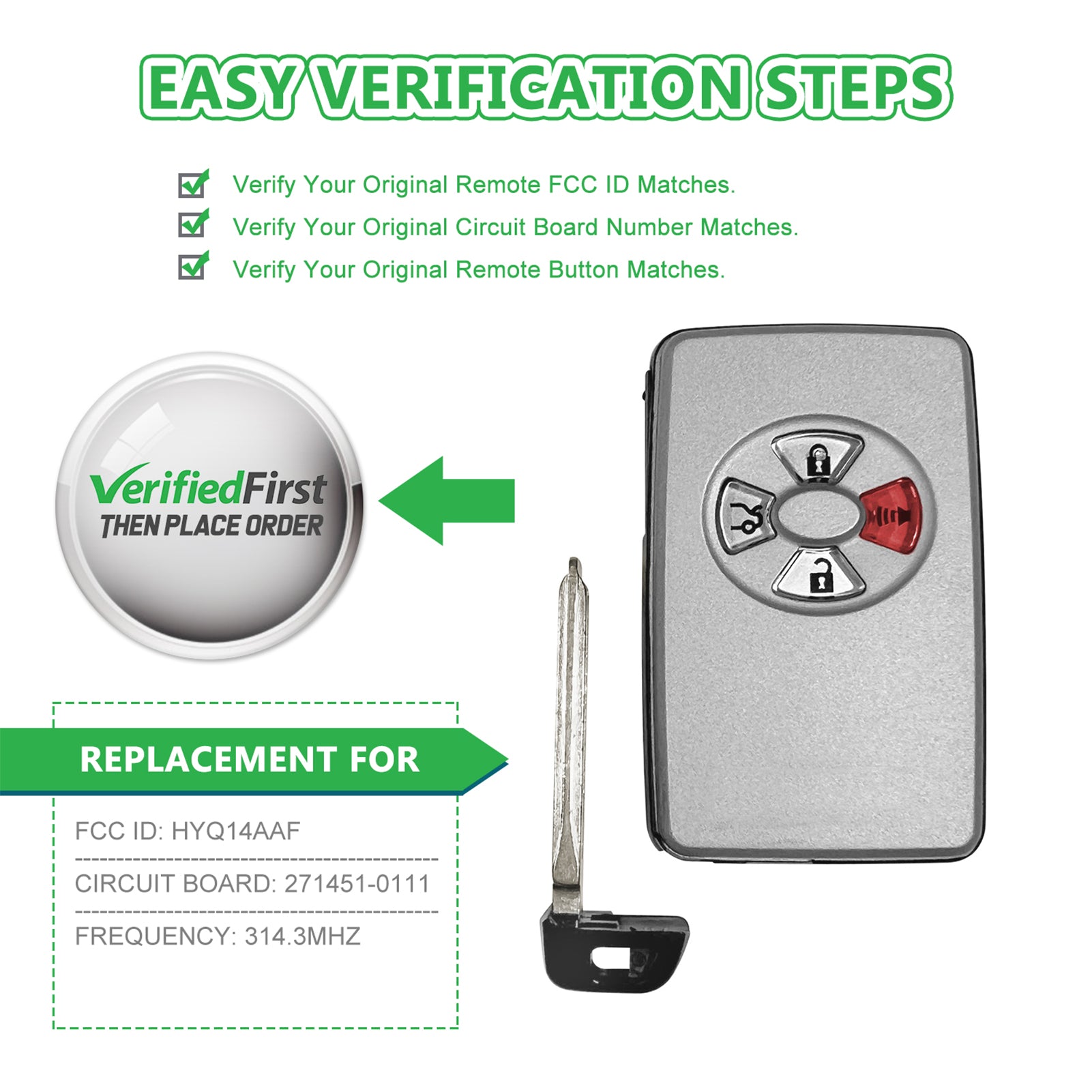 Extra-Partss Smart Car Key Fob Replacement for Toyota Avalon fits 2005 2006 Proximity 4 Button Remote HYQ14AAF 271451-0111 Board