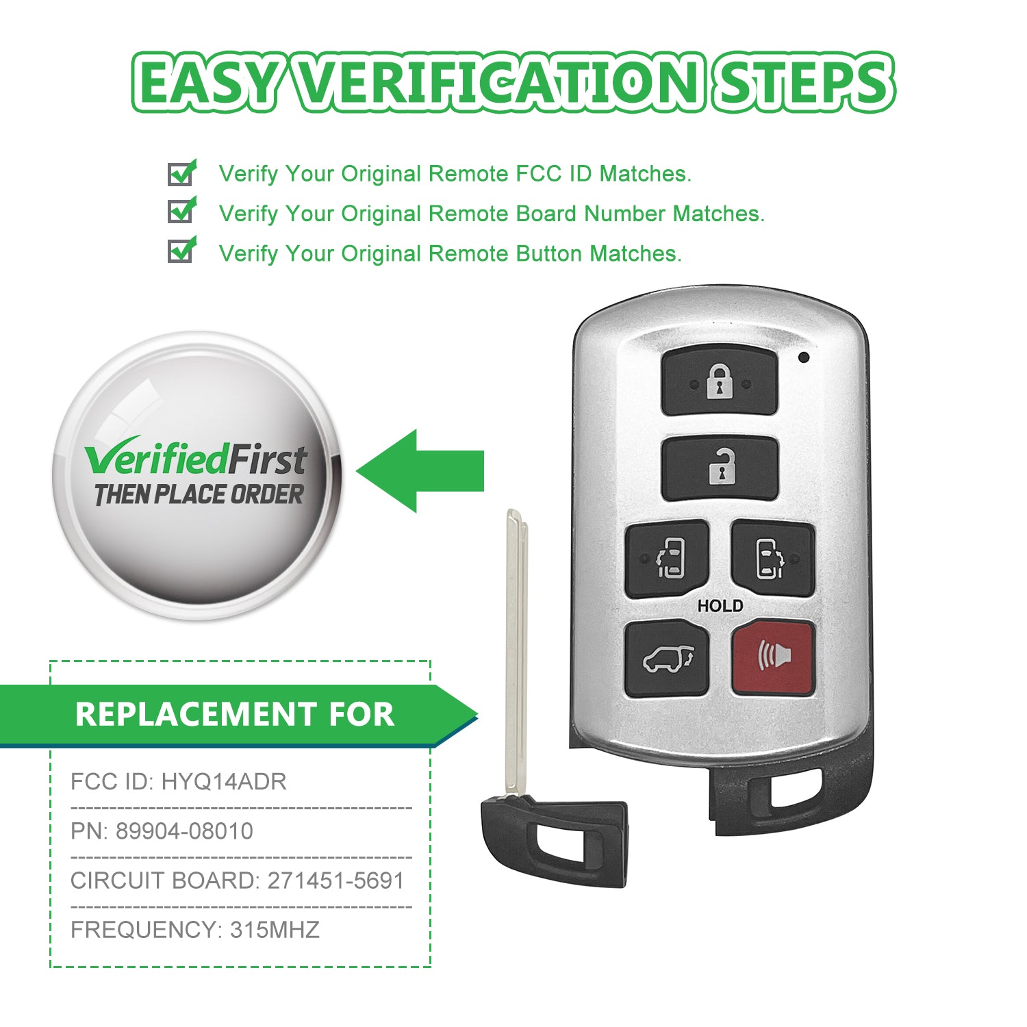 Lots of 5 Smart Car Key Fob Replacement for Toyota Sienna fits 2011 2012 2013 2014 2015 2016 2017 2018 2019 Proximity 6 Button Remote HYQ14ADR 5691 Board 89904-08010