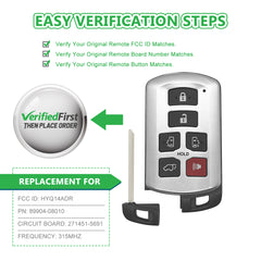 Lots of 5 Smart Car Key Fob Replacement for Toyota Sienna fits 2011 2012 2013 2014 2015 2016 2017 2018 2019 Proximity 6 Button Remote HYQ14ADR 5691 Board 89904-08010